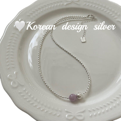 S925 Sterling Silver Rice Grain Amethyst Texture Bead Necklace Collarbone Chain