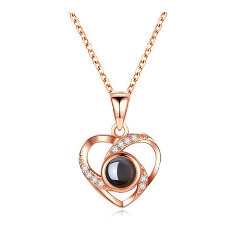 925 Silver Heart-shaped Projection Necklace, Female Heart Shape, 100 Languages. I Love You, Collarbone Chain