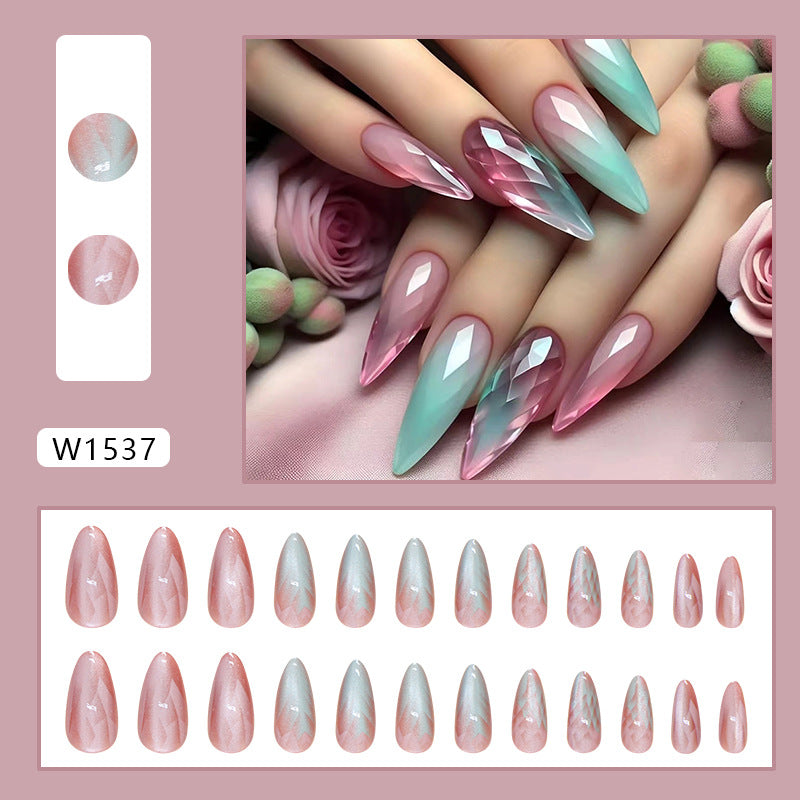 24 Pieces Wear on Removable Fake Nail Art Pieces, Medium Length Gradient Cat Eye Nail Art Pieces