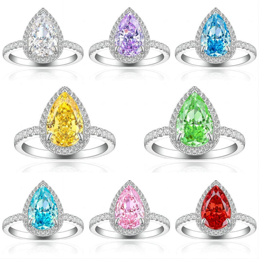 S925 Sterling Silver 8 * 12 Droplet Shaped High Carbon Diamond Ring with A Luxurious and Luxurious Feel, Featuring Fireworks and Ice Flower Cut 8A Zircon Silver Ring