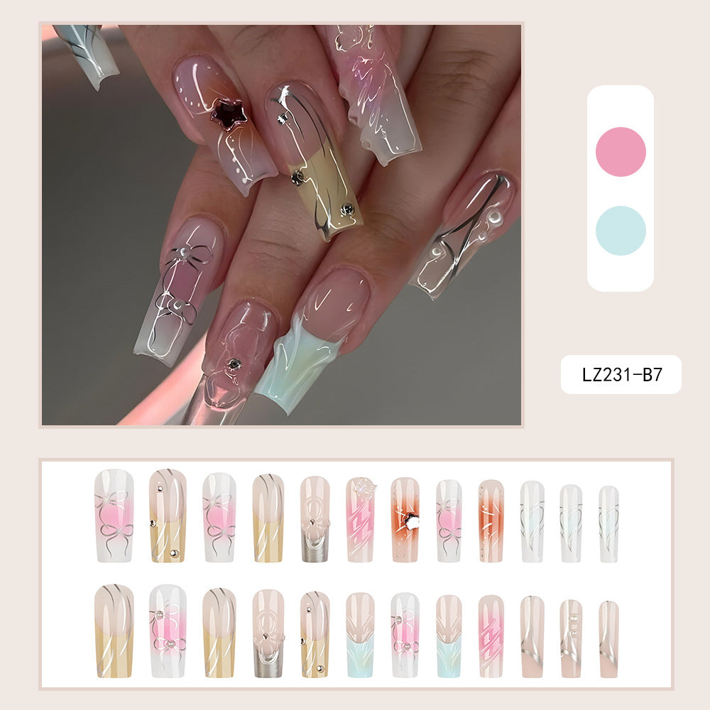 Star Studded Diamond Long Nail Art Drip Glue French Fake Nail Patch 3D Three-dimensional Butterfly Wearable Nail