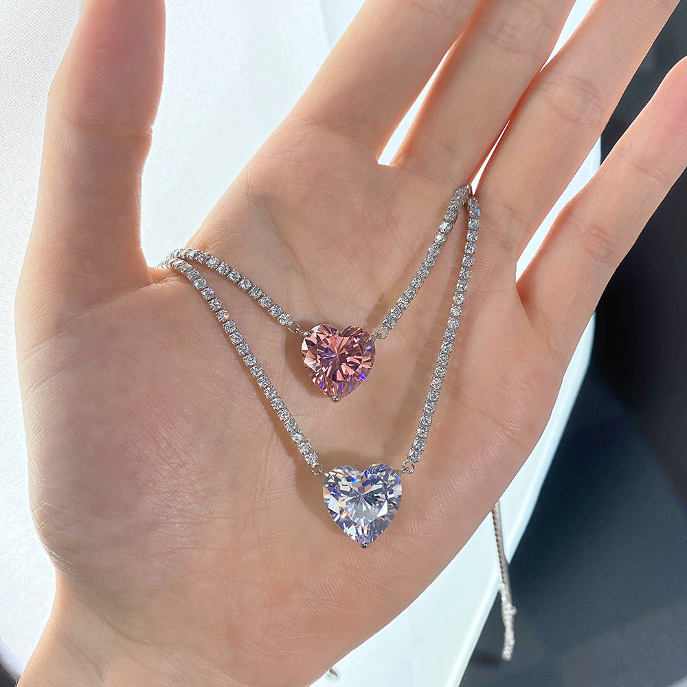 S925 Sterling Silver Necklace with A Heart-shaped Pendant Adorned with Diamonds
