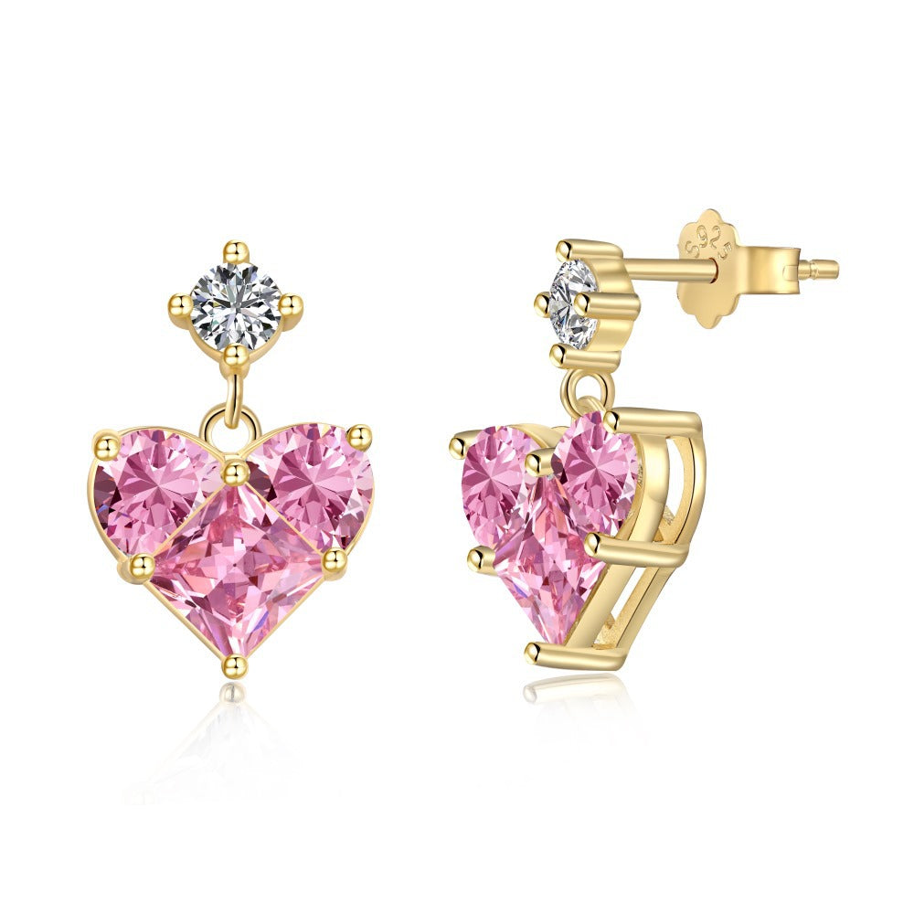 S925 Silver Pink Heart-shaped Zircon Jewelry Necklace Earrings