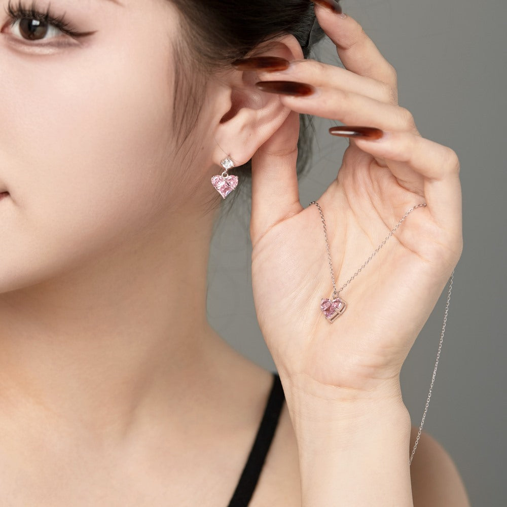 S925 Silver Pink Heart-shaped Zircon Jewelry Necklace Earrings