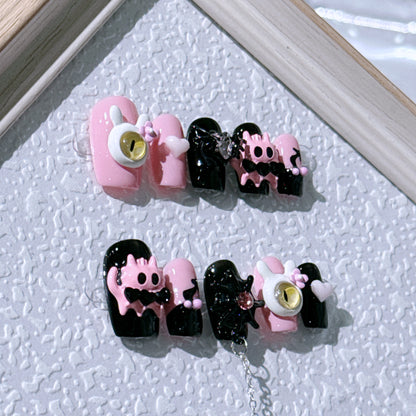 Hand Drawn Wearable Press On Nail, Cute Detachable Fake Nail Art