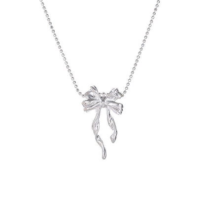 S925 Silver Geometric Ribbon Double Layered Bow Necklace Minimalist Round Bead Collarbone Chain