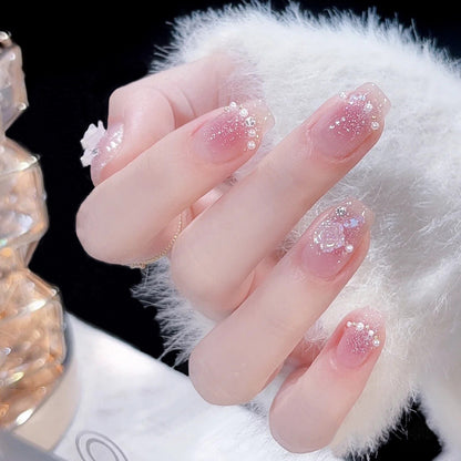 Press On nails Gentle Camellia Manicure Patch powder blusher pearl romantic rose false nail