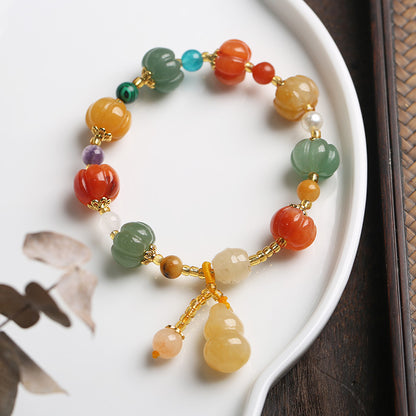 Natural Xinjiang Golden Silk Jade Bracelet Couple Style Ethnic Style Pumpkin Beads Bamboo Knot Hanging Gourd Yellow Jade Bracelet