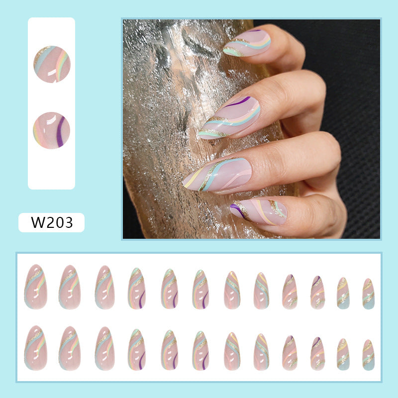 24 pieces of multicolored wavy shiny gold powder fake nails