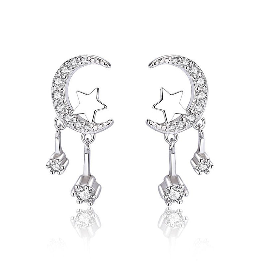 S999 Sterling Silver Star Moon Earrings, Moon Star Zircon Earrings Tassels