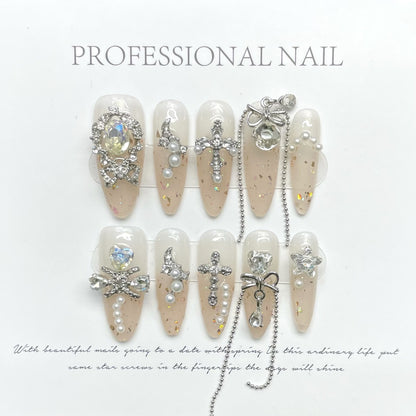 Handmade Nails Press On Nail Almond Nature Handmade Nails, Long Lasting Reusable Fake Nail Tips Charm 3D