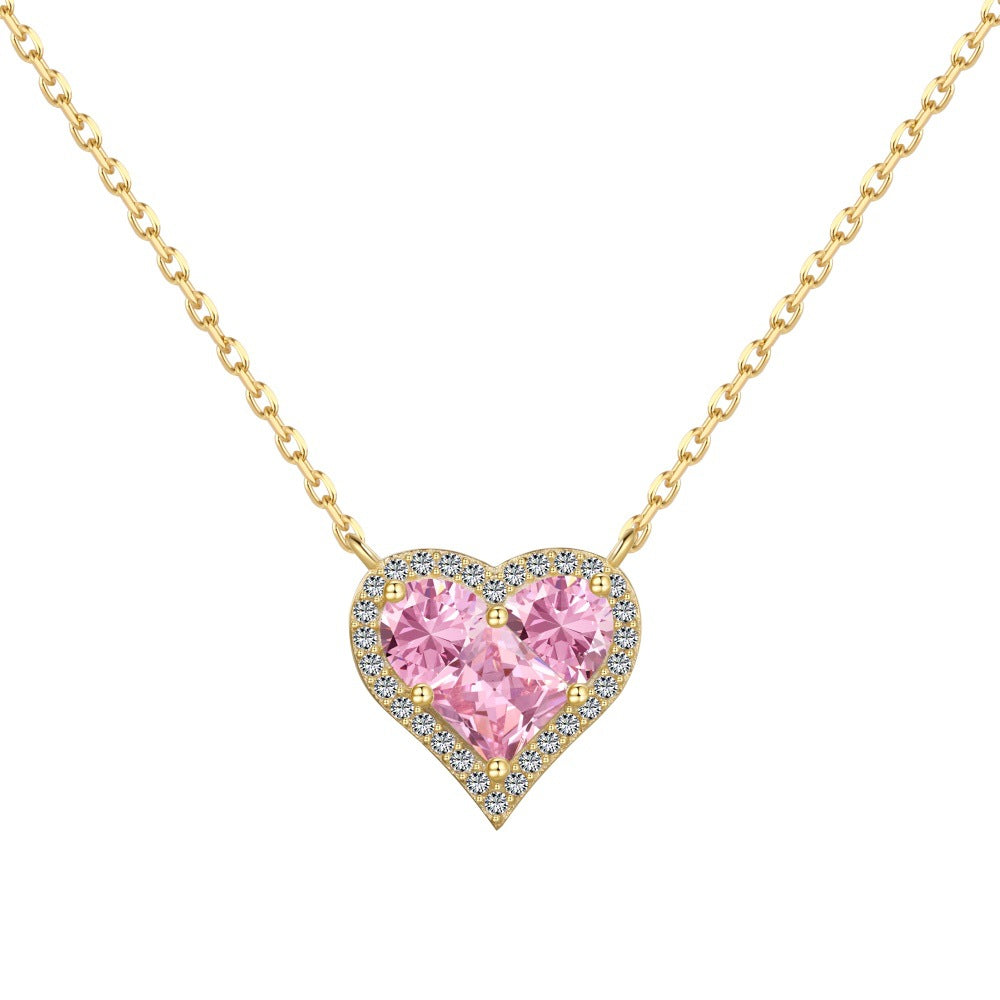 S925 Silver Pink Heart-shaped Zircon Jewelry Necklace Earrings