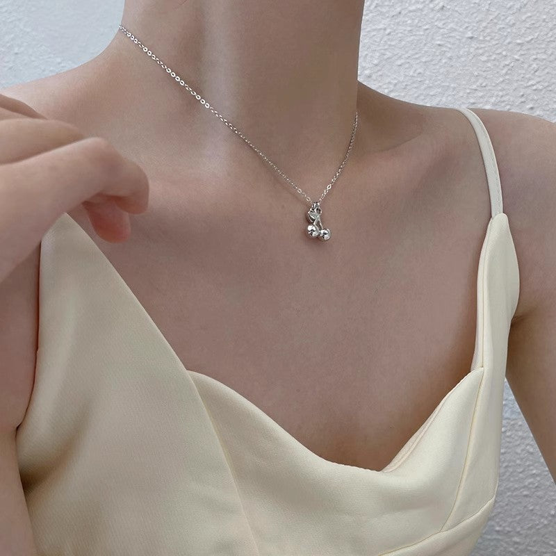 S925 Pure Silver Cherry Heart Necklace with Heart-shaped Sparkling Diamond Collarbone Chain