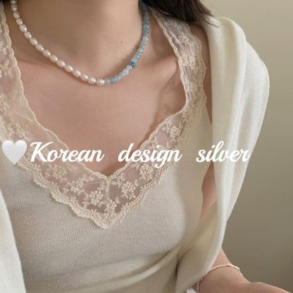 Handmade Minimalist Silver Jewelry S925 Pure Silver Aquamarine Treasure Pearl Splicing Necklace