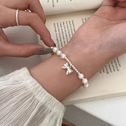 S925 Sterling Silver Bow Premium Imitation Pearl Bracelet, Sweet and Girly Heart for Women