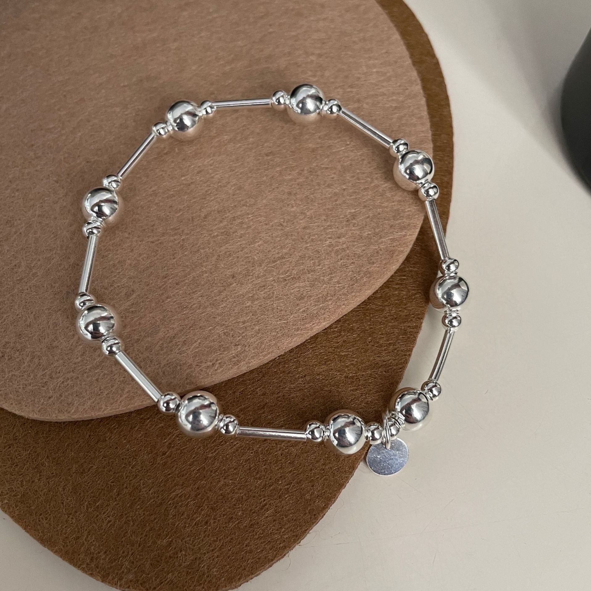 S925 Sterling Silver Round Bead Bracelet with Fine Lines and Elastic Bracelet