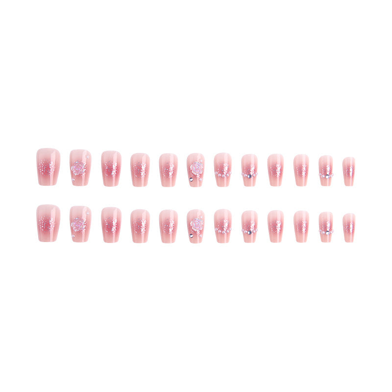 Press On nails Gentle Camellia Manicure Patch powder blusher pearl romantic rose false nail