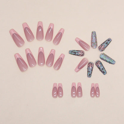 Medium To Long Style Sparkling Nail Art with Pink and Delicate Flowers, Sweet and Charming, Perfect for Teenage Girls To Wear