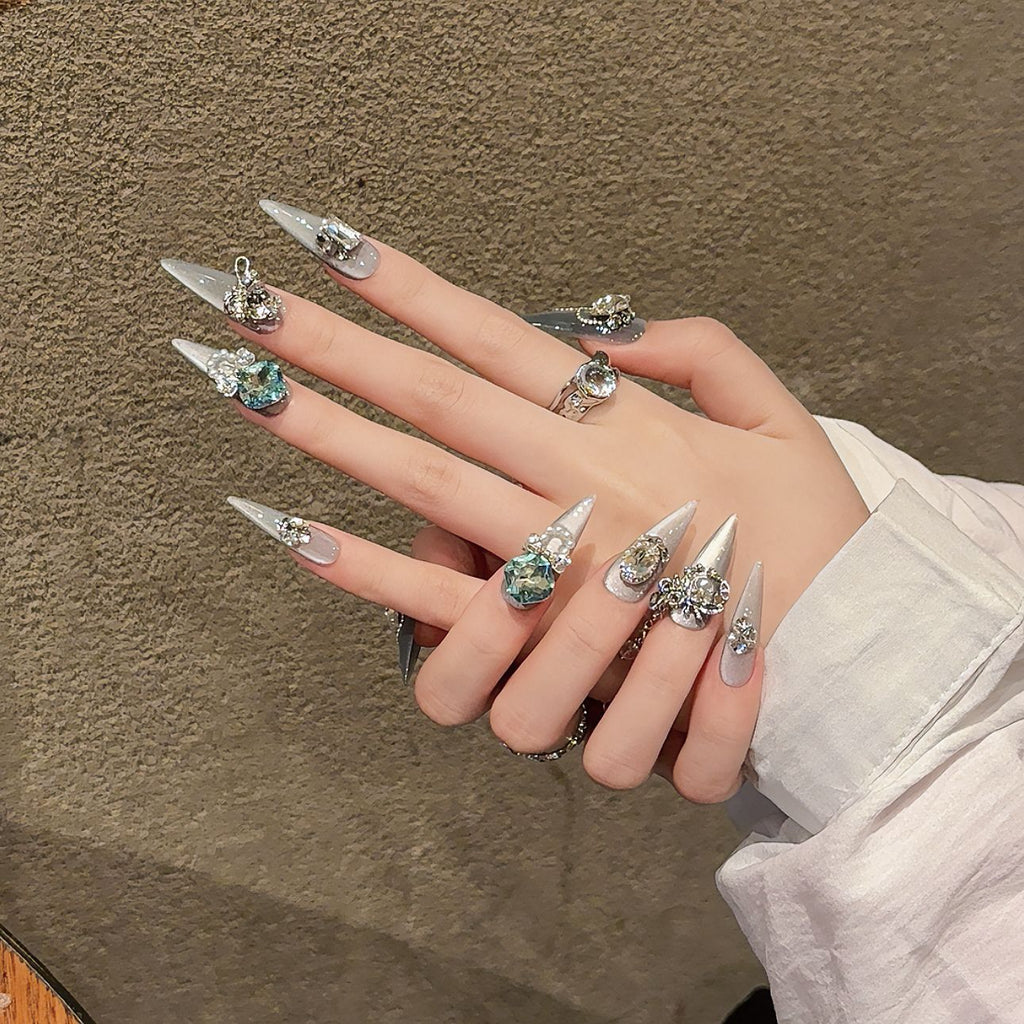 Uñas postizas de ojo de gato transparente hechas a mano en azul, lujosa armadura con diamantes 