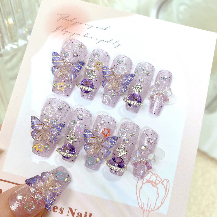 Handmade Wearing Armor Piece Purple Explosion Flash 3D Butterfly Aurora Planet Detachable Fake Nail