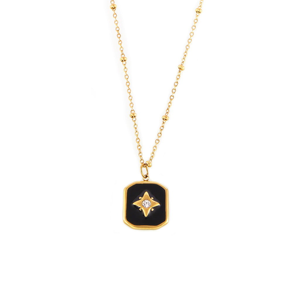 Black Acrylic Oil Dripping Diamond Studded Star Square Necklace Stainless Steel Gold-plated