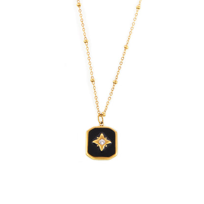 Black Acrylic Oil Dripping Diamond Studded Star Square Necklace Stainless Steel Gold-plated