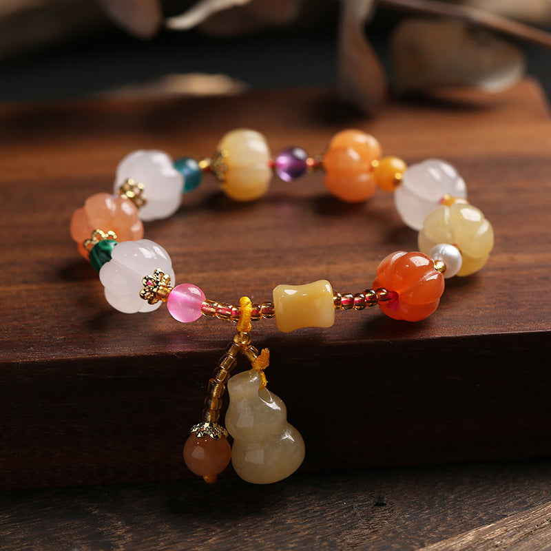 Natural Xinjiang Golden Silk Jade Bracelet Couple Style Ethnic Style Pumpkin Beads Bamboo Knot Hanging Gourd Yellow Jade Bracelet