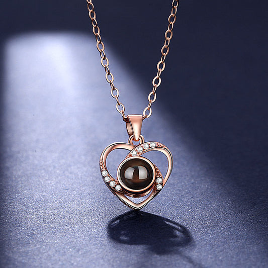 925 Silver Heart-shaped Projection Necklace, Female Heart Shape, 100 Languages. I Love You, Collarbone Chain