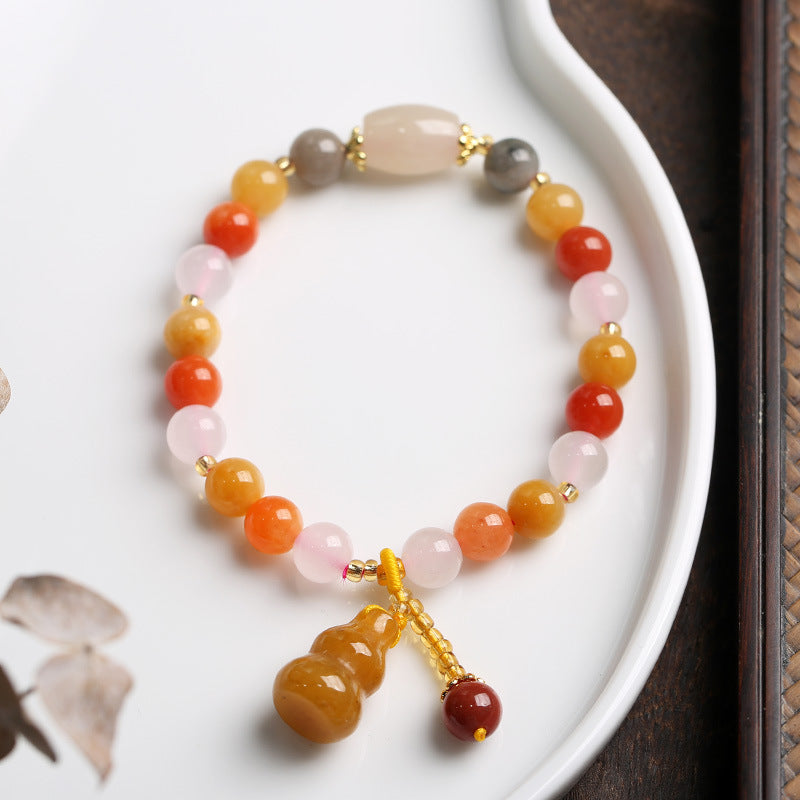 Natural Xinjiang Golden Silk Jade Bracelet Couple Style Ethnic Style Pumpkin Beads Bamboo Knot Hanging Gourd Yellow Jade Bracelet