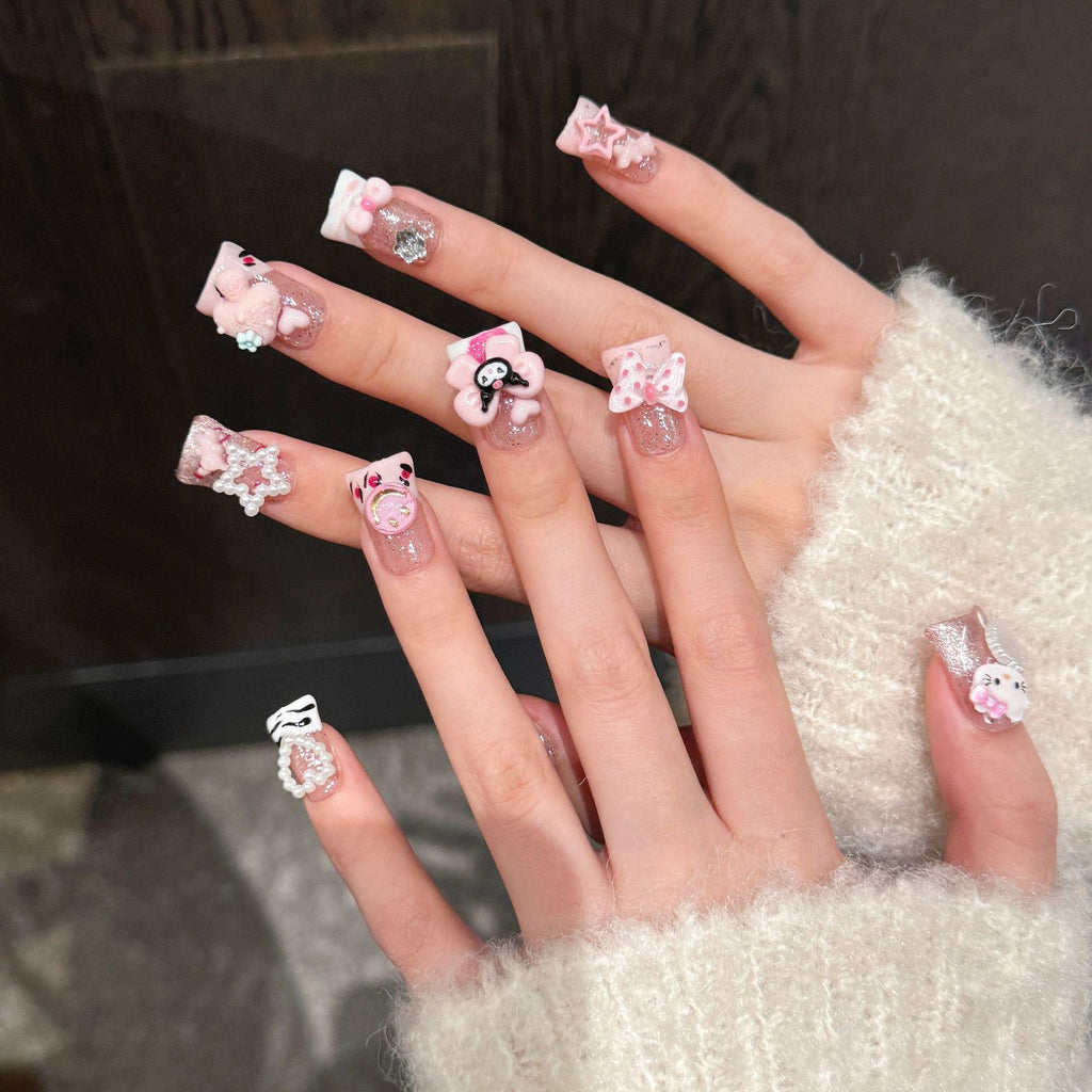 Cartoon Duckbill Cute Dopamine Press on Nails KT Cat Heart Short Nails Style Sweet Cool Phototherapy Wearable Armor Detachable