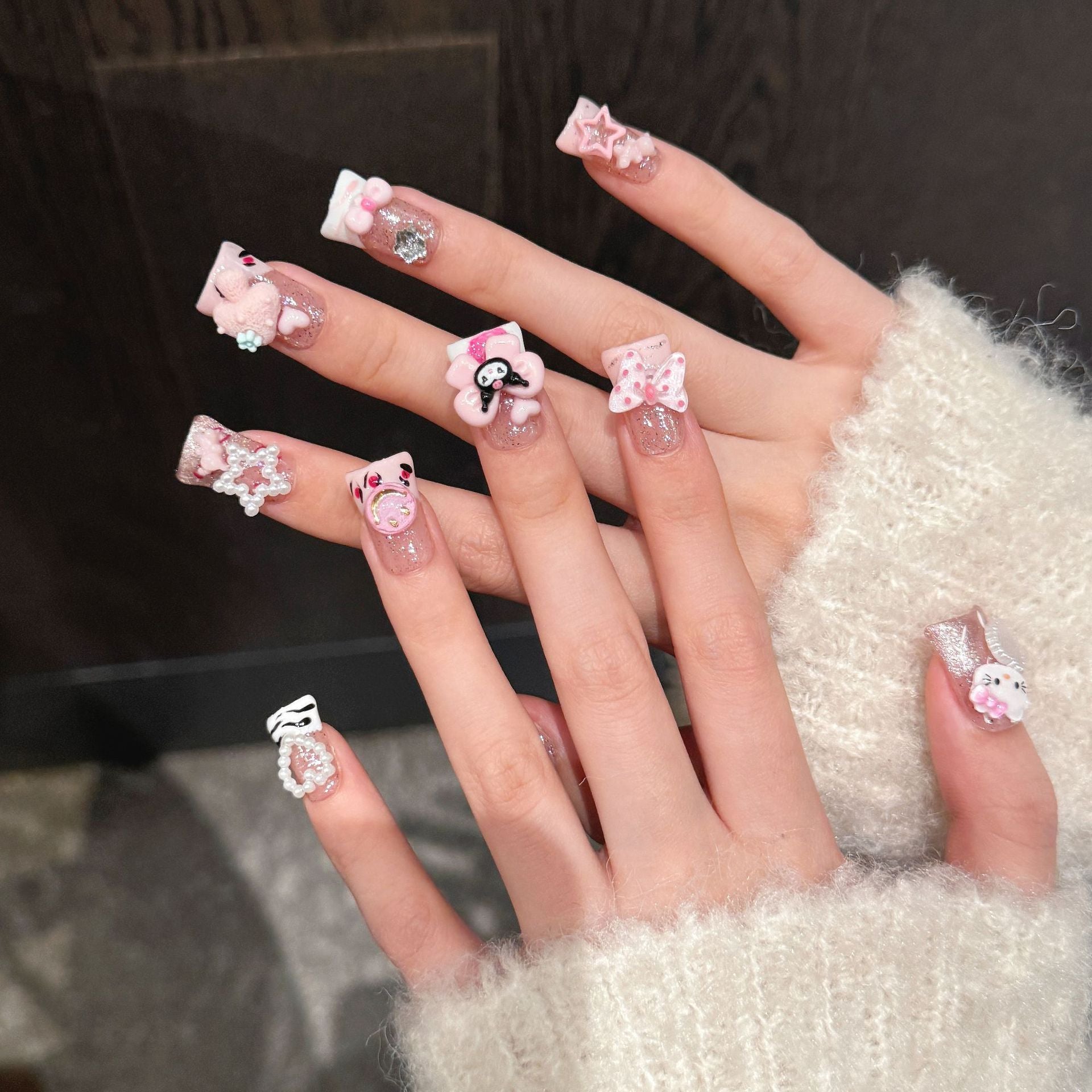 Cartoon Duckbill Cute Dopamine Press on Nails KT Cat Heart Short Nails Style Sweet Cool Phototherapy Wearable Armor Detachable