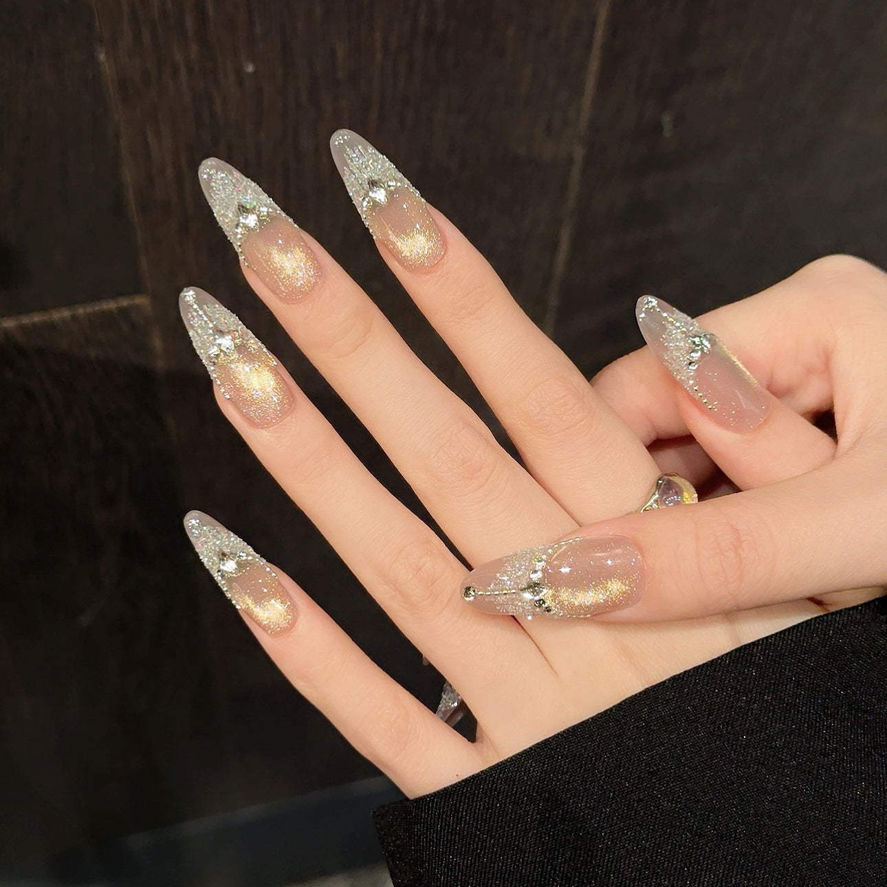 Sparkling 100% Handemade Press On Nails Pink Cat Eye Tassel Pendant French Nail Art