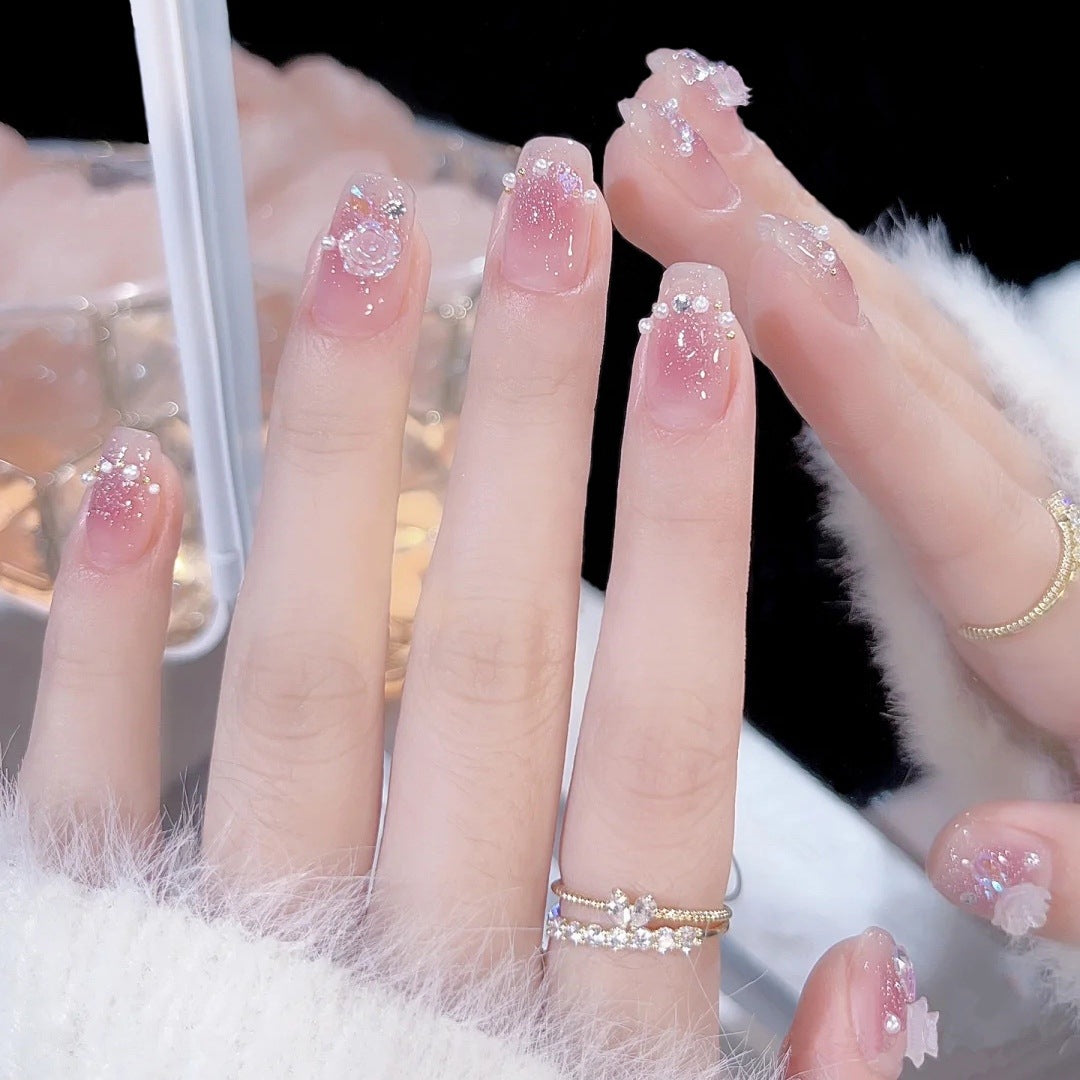 Press On nails Gentle Camellia Manicure Patch powder blusher pearl romantic rose false nail