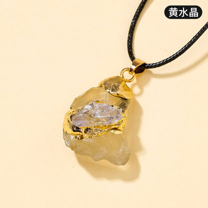 Natural Crystal Gemstone Gilded Inlaid Pendant, Crystal Gemstone Jewelry Necklace