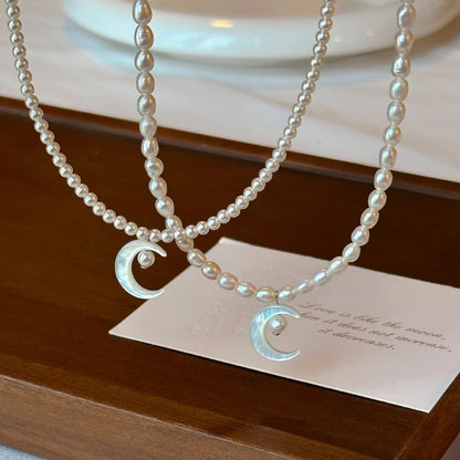 S925 Pure Silver Natural Freshwater Pearl Butterfly Shell Moon Necklace for Women