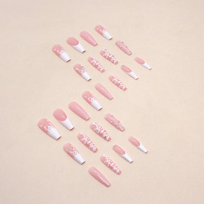 Long Ballet Nail Diamond Nail White Long French Fake Nail Sweet Wearing Nail