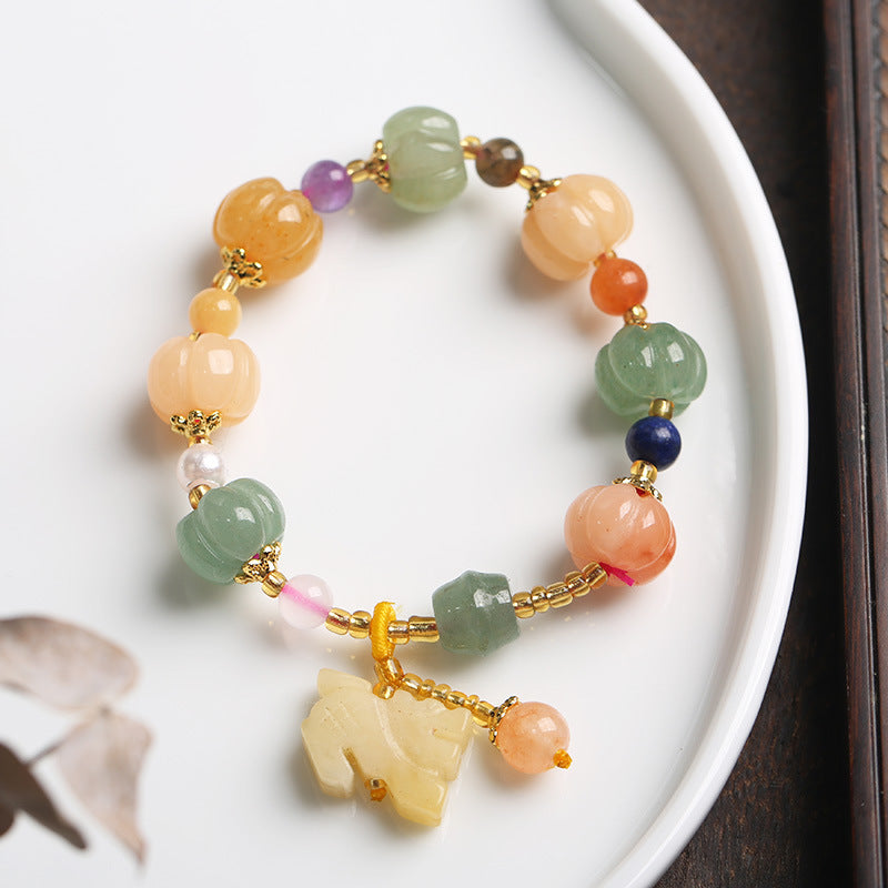 Natural Xinjiang Golden Silk Jade Bracelet Couple Style Ethnic Style Pumpkin Beads Bamboo Knot Hanging Gourd Yellow Jade Bracelet