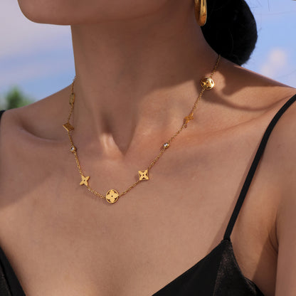 5A Round Bead Zircon Hollowed-out Lucky Four-leaf Flower Layered Necklace with 18K Gold Plated Accessories and Neck Chain