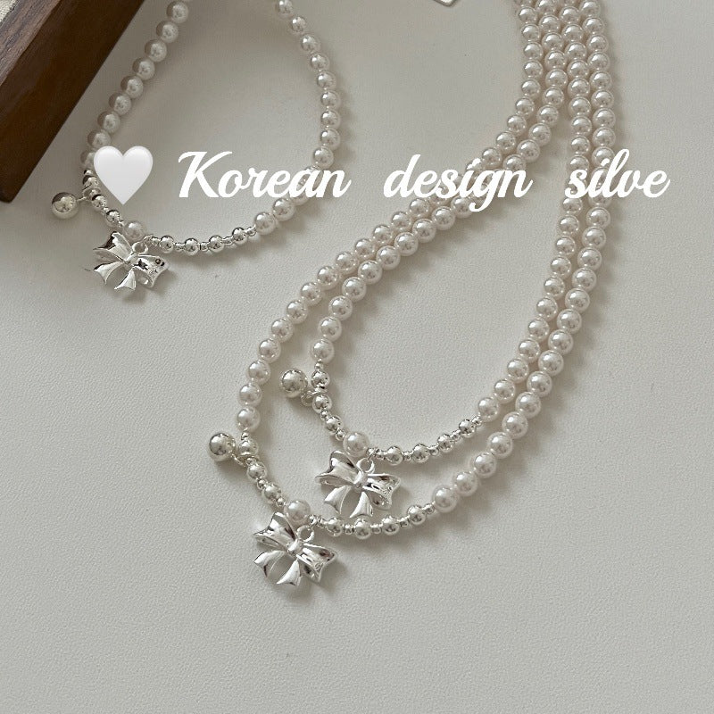 S925 Sterling Silver High-quality Crystal Pearl Bow Bead Necklace