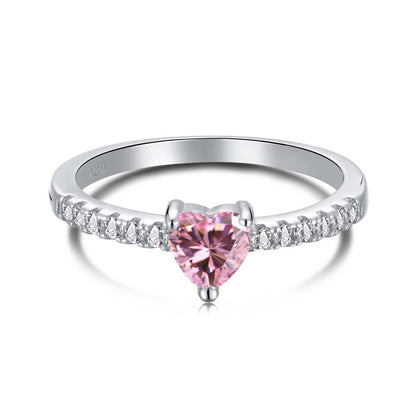 S925 Pure Silver Ring, Women's Water Droplet Fashion Diamond Arrangement, Peach Heart Square Diamond Pink High Carbon Diamond Ring