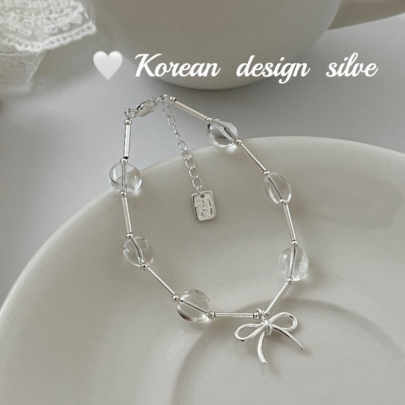 S925 Sterling Silver Bow, White Crystal Straight Tube Bracelet, Women's Layered Wear