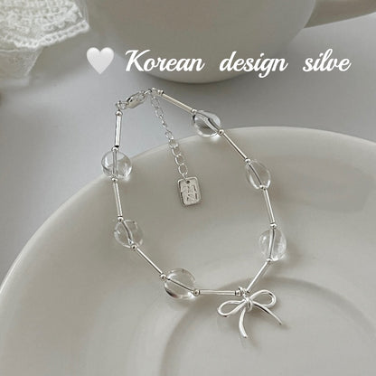 S925 Sterling Silver Bow, White Crystal Straight Tube Bracelet, Women's Layered Wear