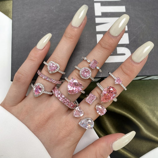 S925 Pure Silver Ring, Women's Water Droplet Fashion Diamond Arrangement, Peach Heart Square Diamond Pink High Carbon Diamond Ring
