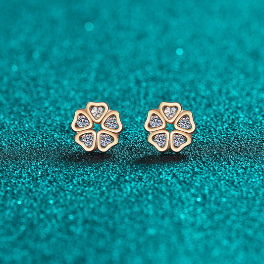S925 Pure Silver Female Heart Petal Moissanite Champagne Gold Earrings Sweet Style