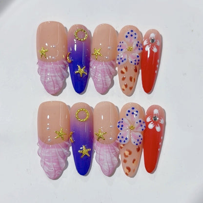 100% Handmade Press On Nails Medium To Long Almond Shaped Armor with Multi Colored Three-dimensional Carved Shells and Starfish