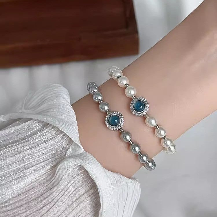 925 Sterling Silver Aquamarine Faux Pearl Bracelet, Women's Exquisite Bracelet Accessory