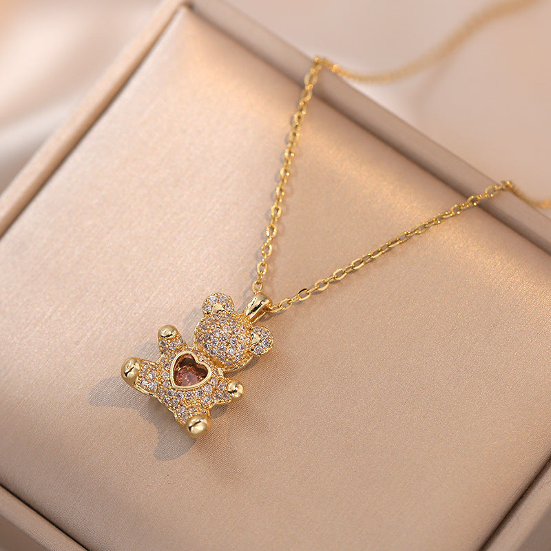 Cute Little Bear Necklace, Heart-shaped Hug, Bear Pink, Micro Inlaid Zircon, Simple and Adjustable Collarbone Chain