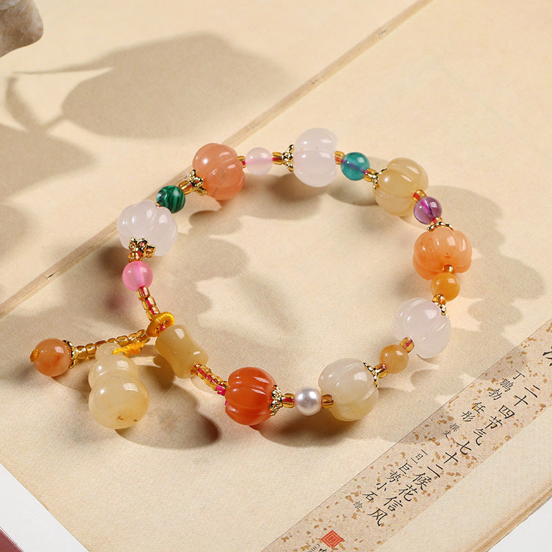 Natural Xinjiang Golden Silk Jade Bracelet Couple Style Ethnic Style Pumpkin Beads Bamboo Knot Hanging Gourd Yellow Jade Bracelet