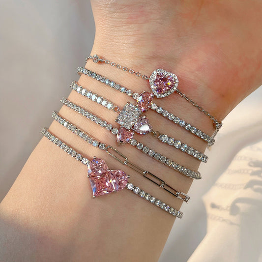 S925 Sterling Silver Bracelet for Women, Pink Heart-shaped Zircon Row Diamond
