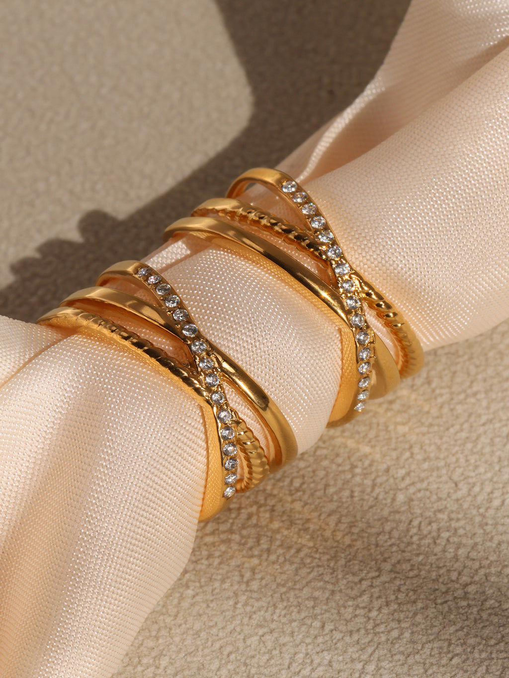5A Zircon Ultra fine Three layer Ring Stainless Steel Vacuum Plated 18K Gold with Adjustable Opening